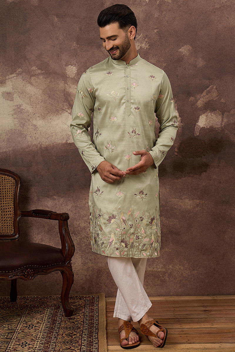 Green Silk Blend Solid Embroidered Straight Kurta | SHOBITAM