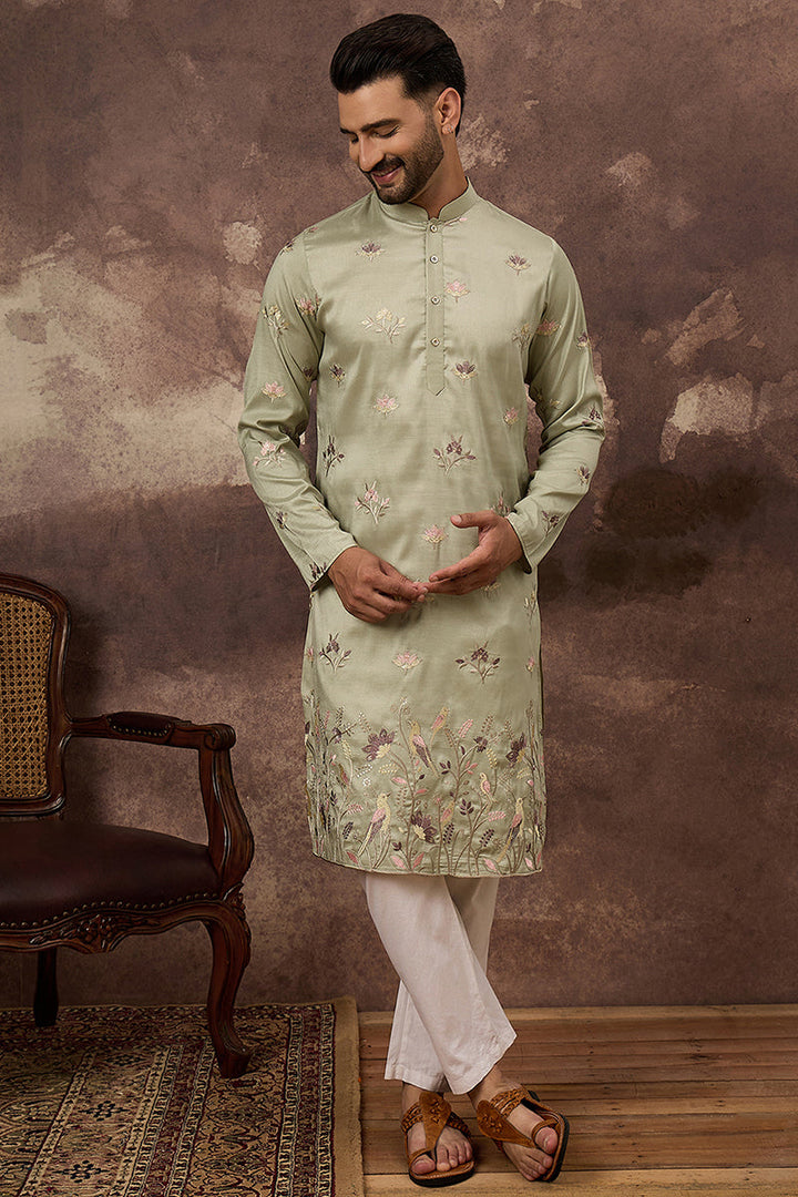 Green Silk Blend Solid Embroidered Straight Kurta | SHOBITAM