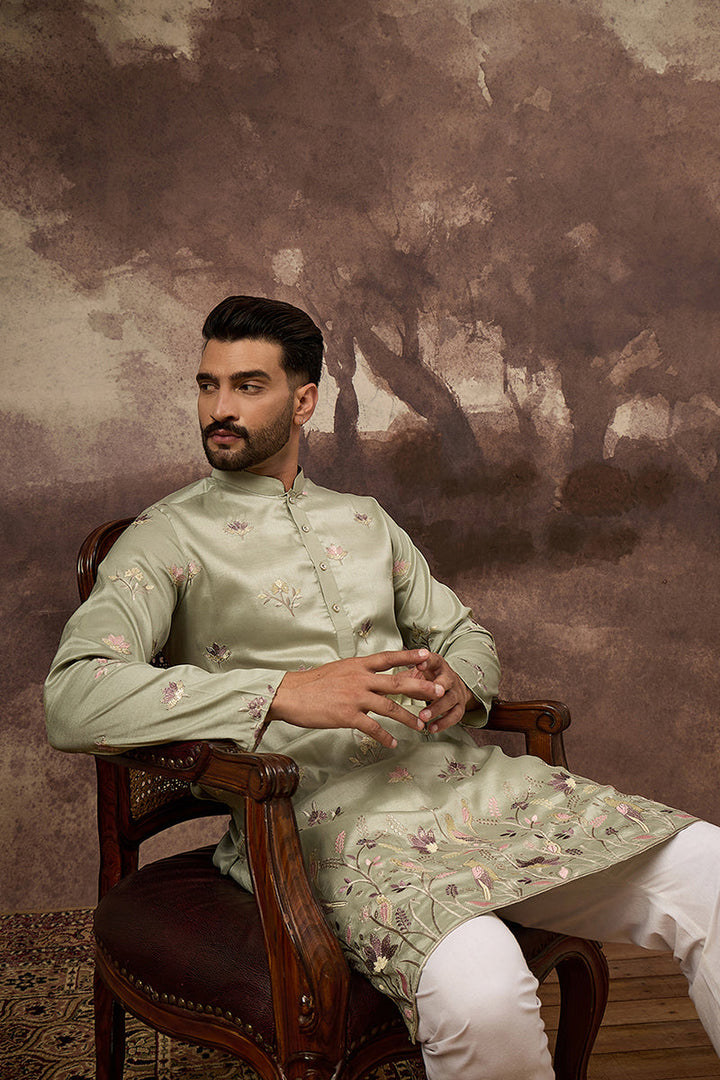 Green Silk Blend Solid Embroidered Straight Kurta | SHOBITAM