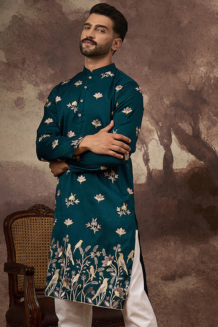 Blue Silk Blend Solid Embroidered Straight Kurta For Men | SHOBITAM