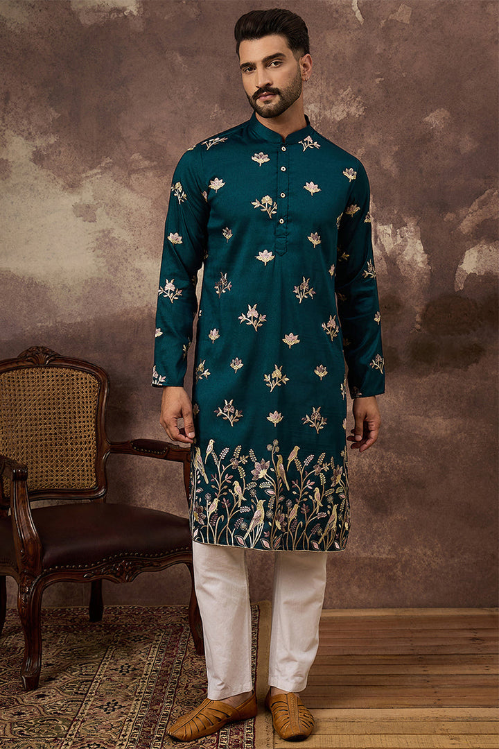 Blue Silk Blend Solid Embroidered Straight Kurta For Men | SHOBITAM
