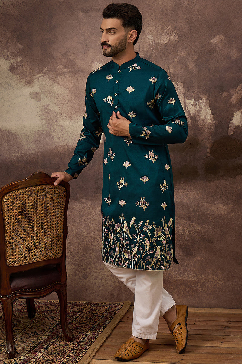 Blue Silk Blend Solid Embroidered Straight Kurta For Men | SHOBITAM
