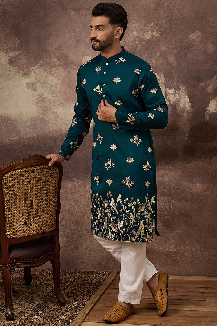 Blue Silk Blend Solid Embroidered Straight Kurta For Men | SHOBITAM