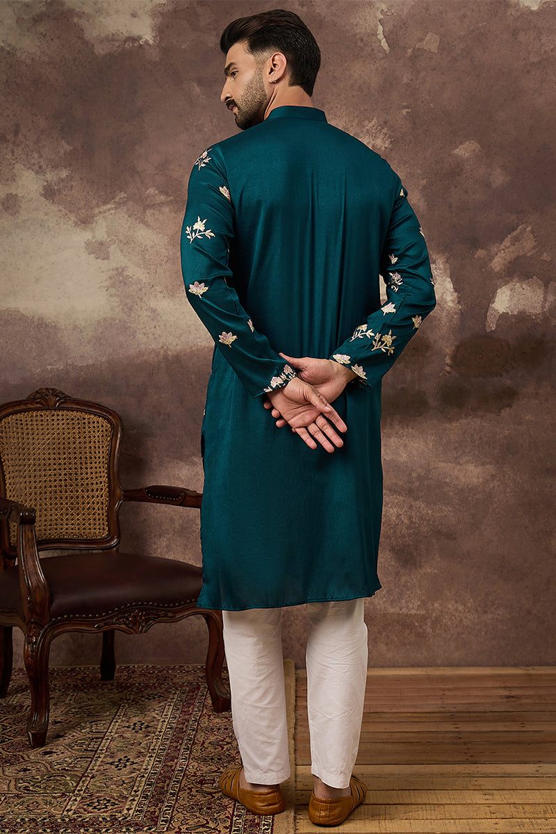 Blue Silk Blend Solid Embroidered Straight Kurta For Men | SHOBITAM