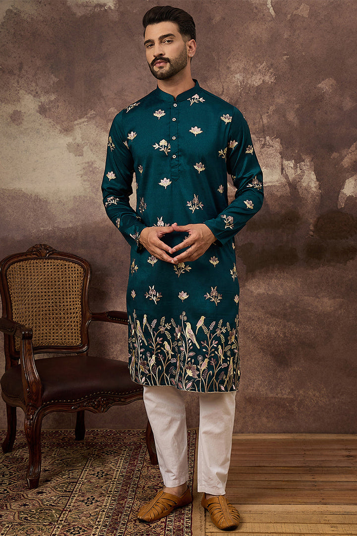 Blue Silk Blend Solid Embroidered Straight Kurta For Men | SHOBITAM