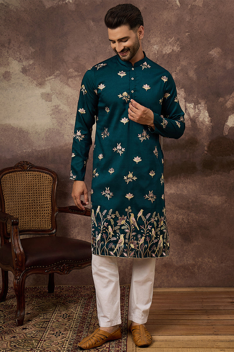 Blue Silk Blend Solid Embroidered Straight Kurta For Men | SHOBITAM
