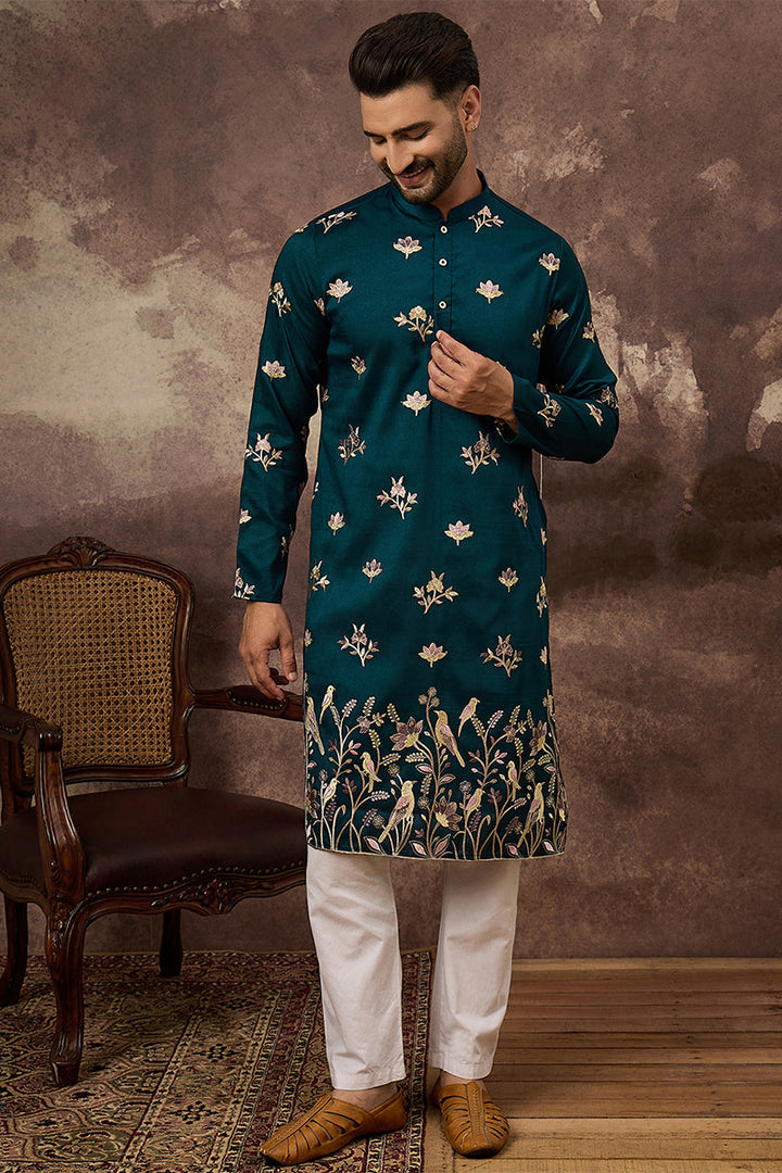 Blue Silk Blend Solid Embroidered Straight Kurta For Men | SHOBITAM