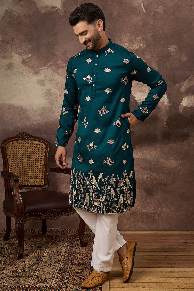 Blue Silk Blend Solid Embroidered Straight Kurta For Men | SHOBITAM