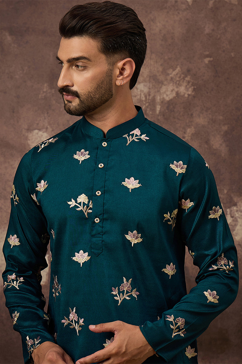 Blue Silk Blend Solid Embroidered Straight Kurta For Men | SHOBITAM