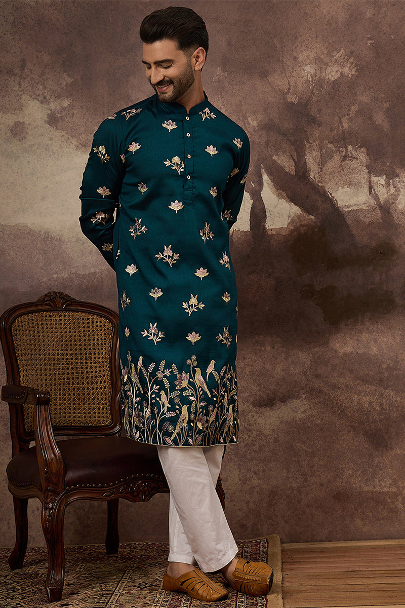 Blue Silk Blend Solid Embroidered Straight Kurta For Men | SHOBITAM