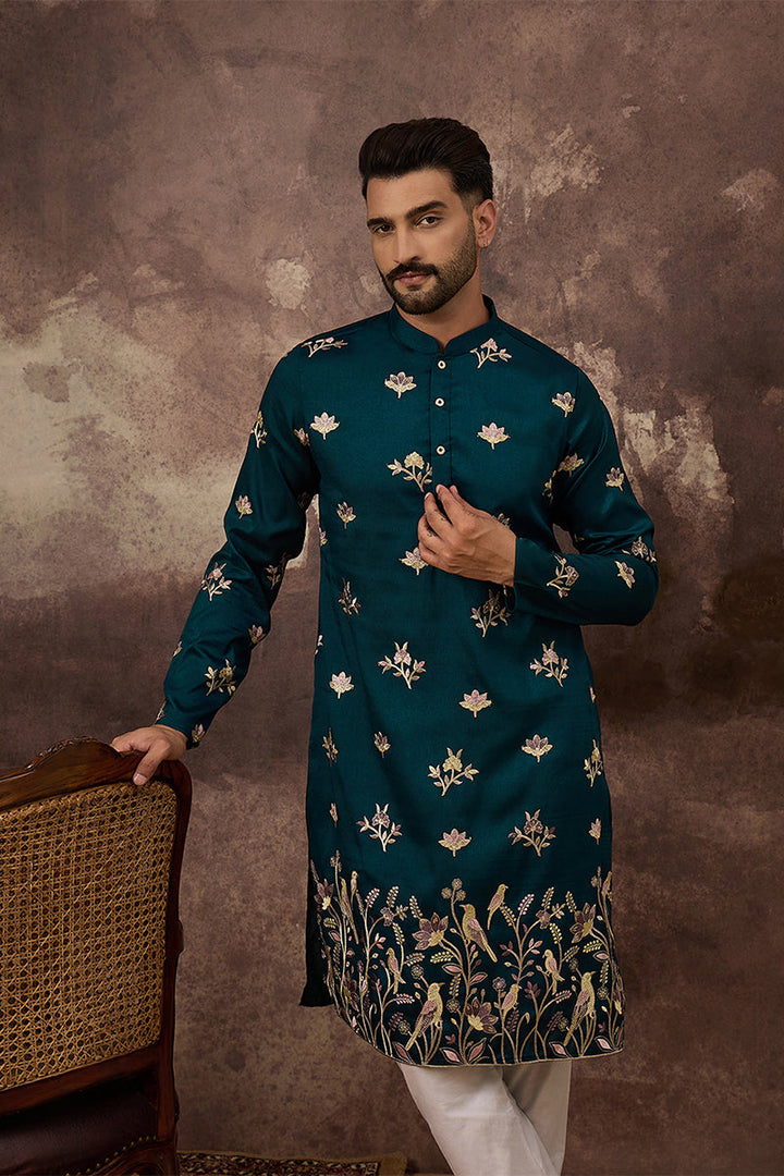 Blue Silk Blend Solid Embroidered Straight Kurta For Men | SHOBITAM