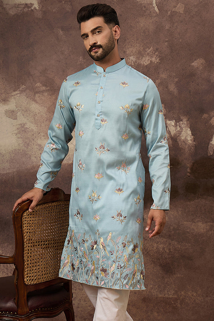 Blue Silk Blend Solid Embroidered Straight Kurta For Men | SHOBITAM