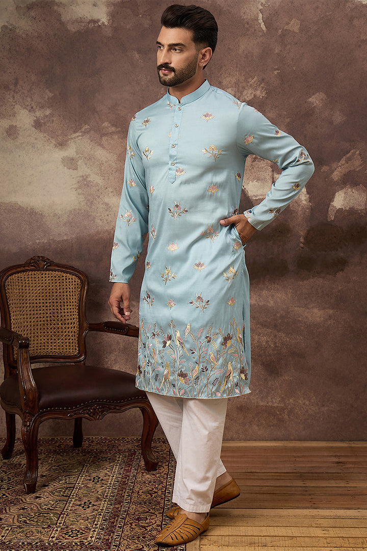 Blue Silk Blend Solid Embroidered Straight Kurta For Men | SHOBITAM