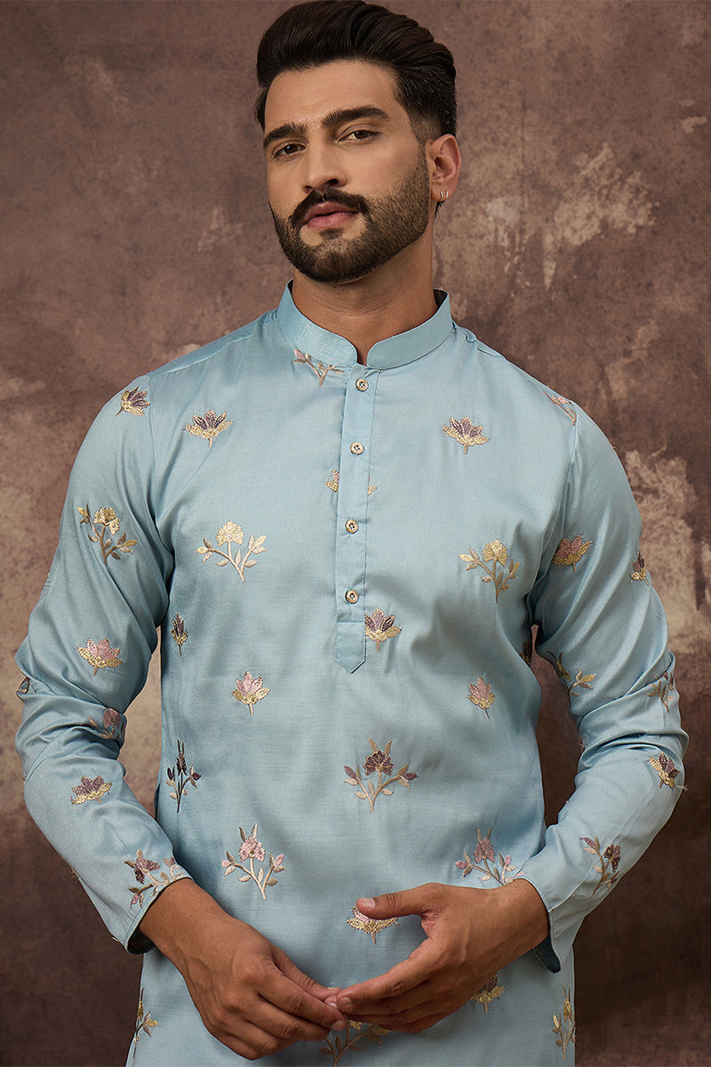Blue Silk Blend Solid Embroidered Straight Kurta For Men | SHOBITAM