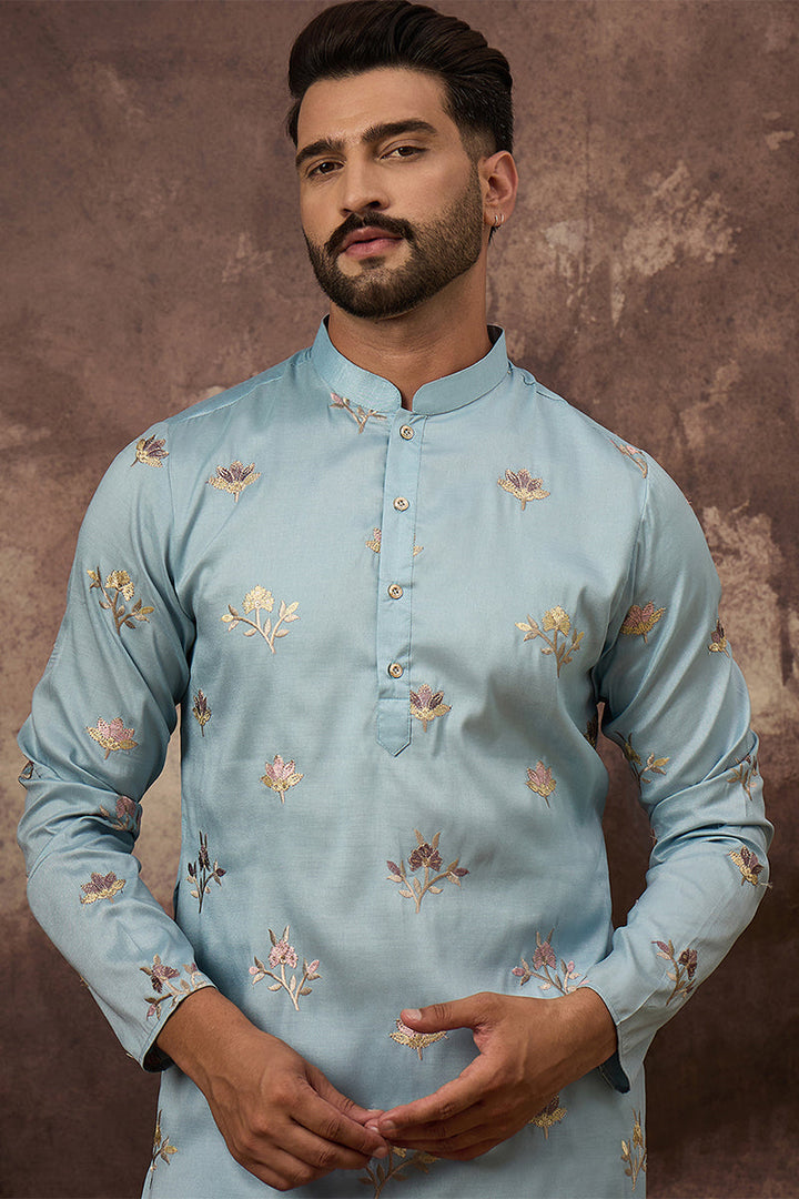 Blue Silk Blend Solid Embroidered Straight Kurta For Men | SHOBITAM