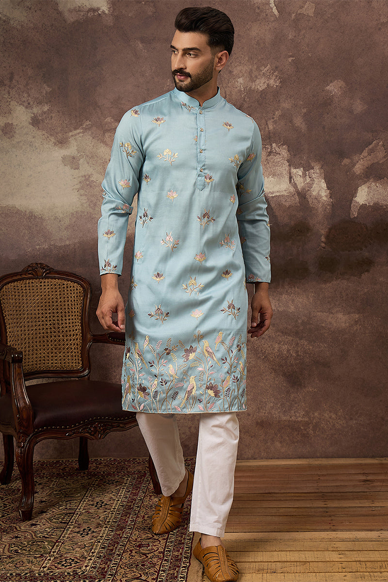 Blue Silk Blend Solid Embroidered Straight Kurta For Men | SHOBITAM
