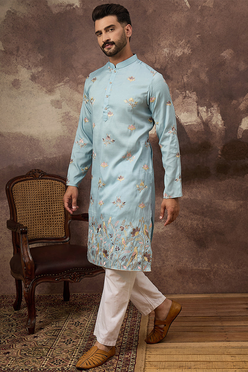 Blue Silk Blend Solid Embroidered Straight Kurta For Men | SHOBITAM
