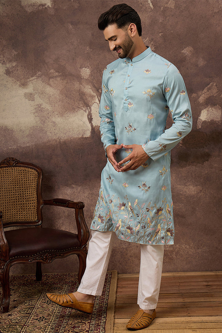 Blue Silk Blend Solid Embroidered Straight Kurta For Men | SHOBITAM