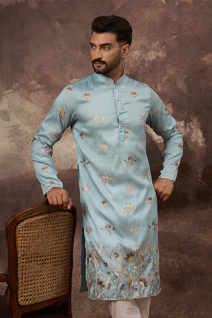 Blue Silk Blend Solid Embroidered Straight Kurta For Men | SHOBITAM