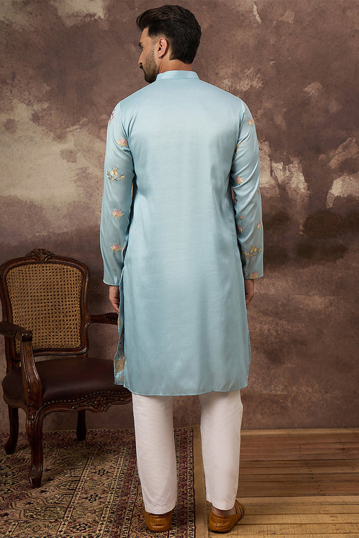 Blue Silk Blend Solid Embroidered Straight Kurta For Men | SHOBITAM