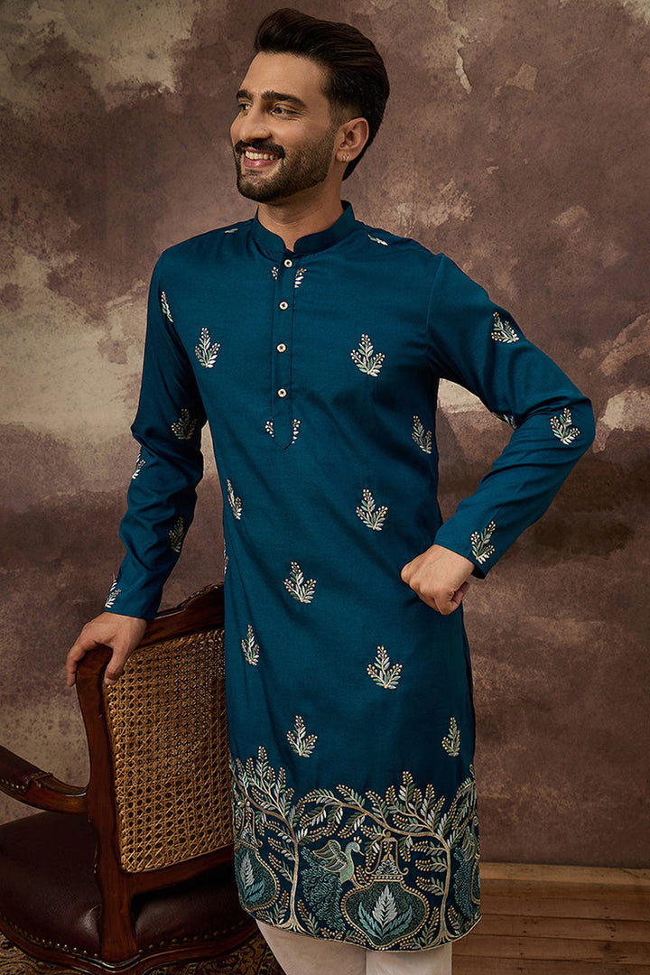 Blue Silk Blend Solid Embroidered Straight Kurta | SHOBITAM