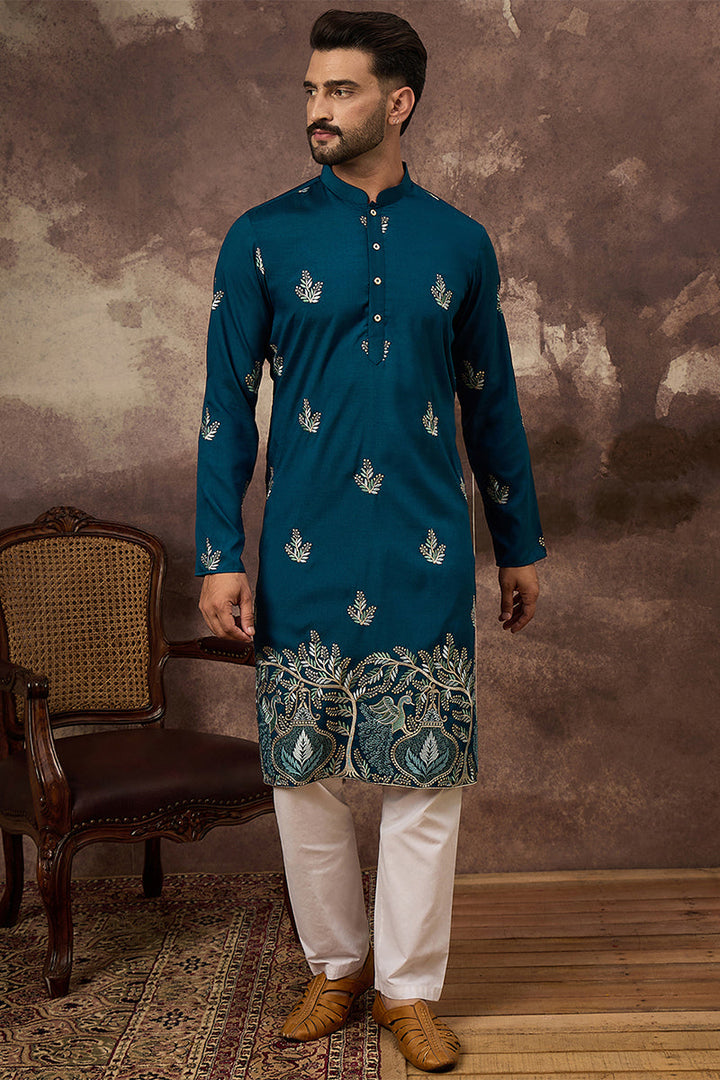 Blue Silk Blend Solid Embroidered Straight Kurta | SHOBITAM