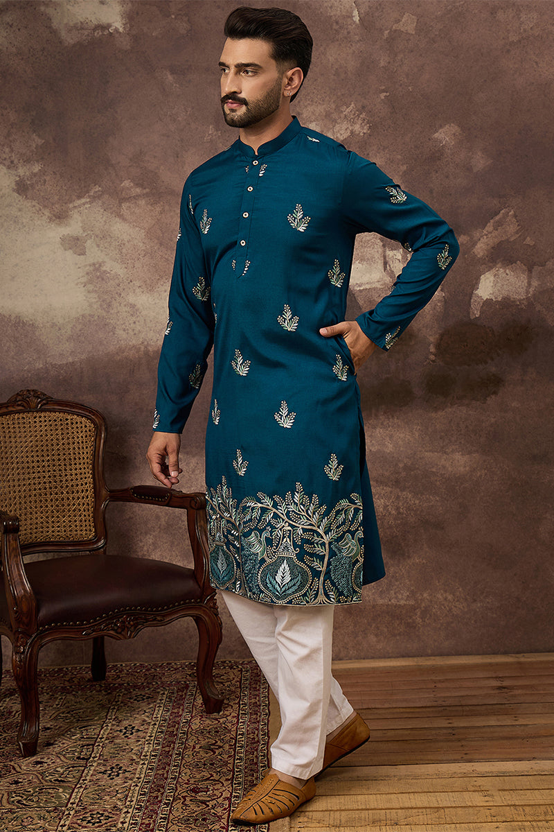Blue Silk Blend Solid Embroidered Straight Kurta | SHOBITAM