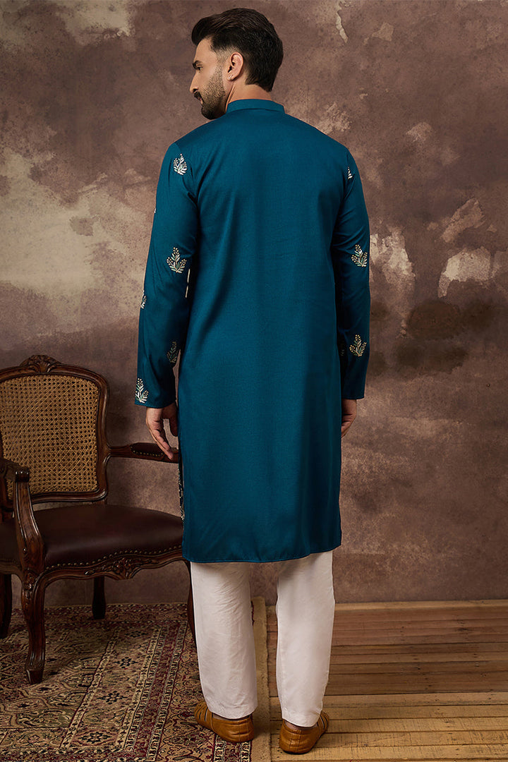 Blue Silk Blend Solid Embroidered Straight Kurta | SHOBITAM