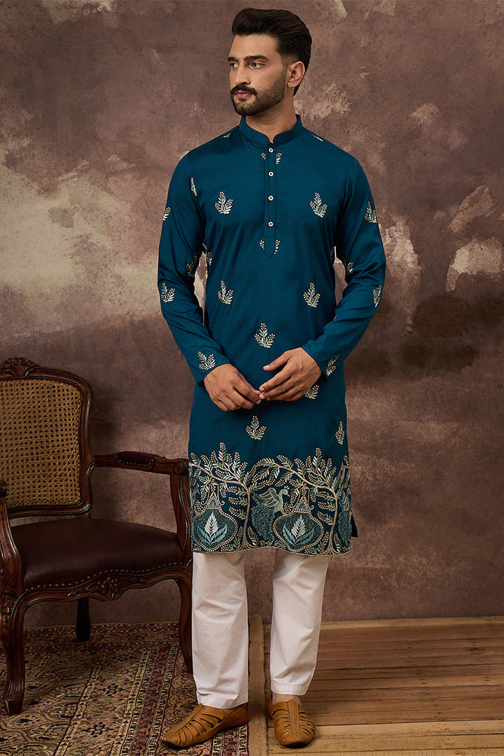 Blue Silk Blend Solid Embroidered Straight Kurta | SHOBITAM