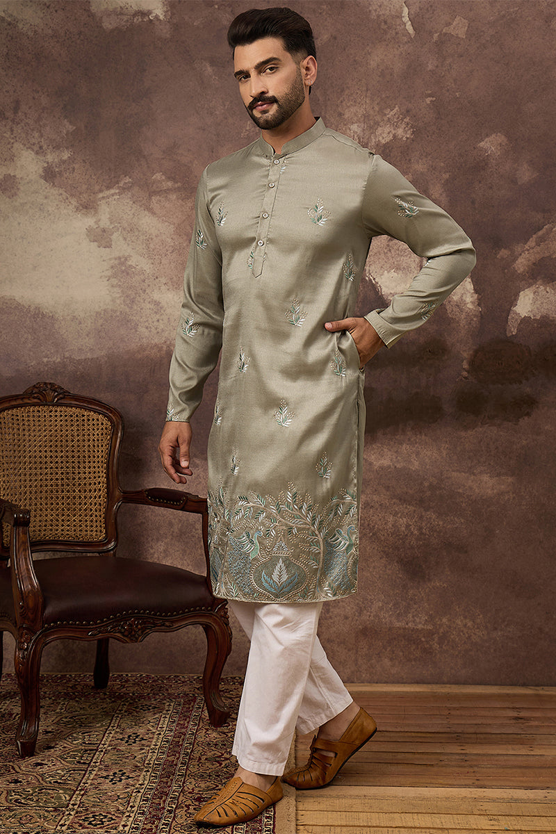 Green Silk Blend Solid Embroidered Straight Kurta | SHOBITAM