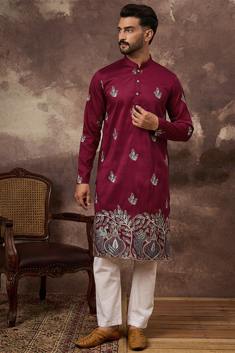 Maroon Silk Blend Solid Embroidered Straight Kurta | SHOBITAM