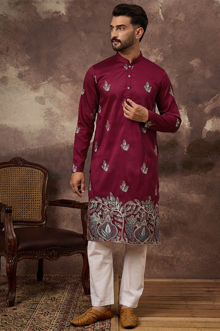 Maroon Silk Blend Solid Embroidered Straight Kurta | SHOBITAM