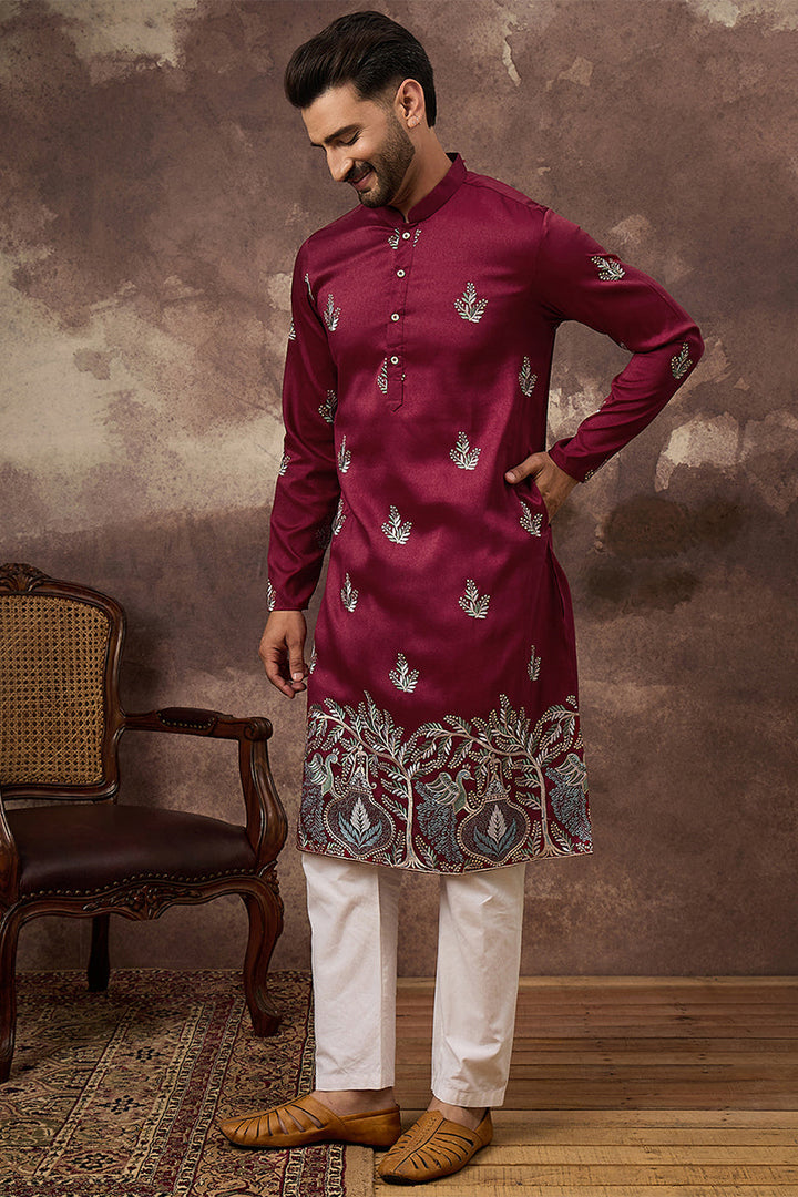 Maroon Silk Blend Solid Embroidered Straight Kurta | SHOBITAM