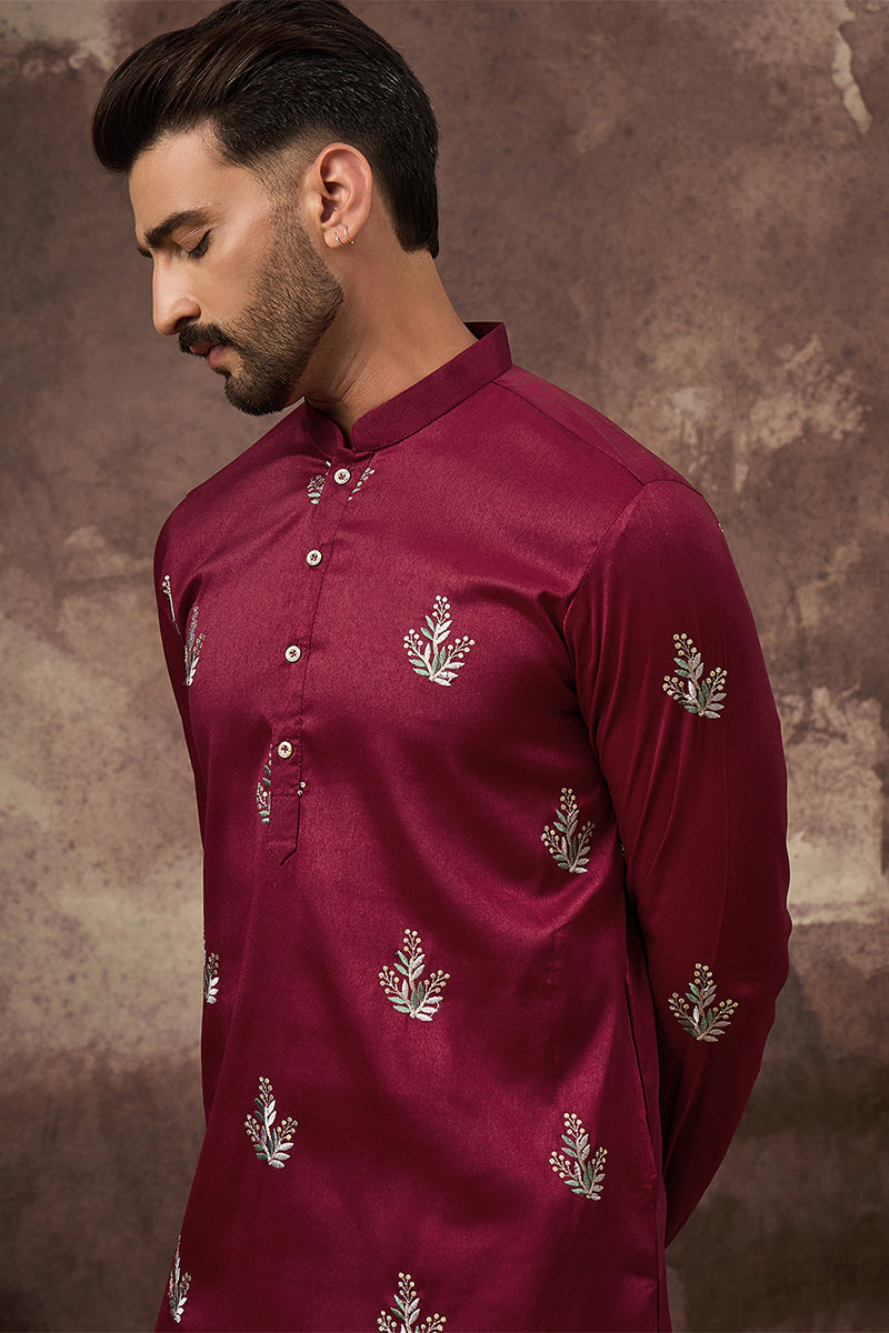 Maroon Silk Blend Solid Embroidered Straight Kurta | SHOBITAM
