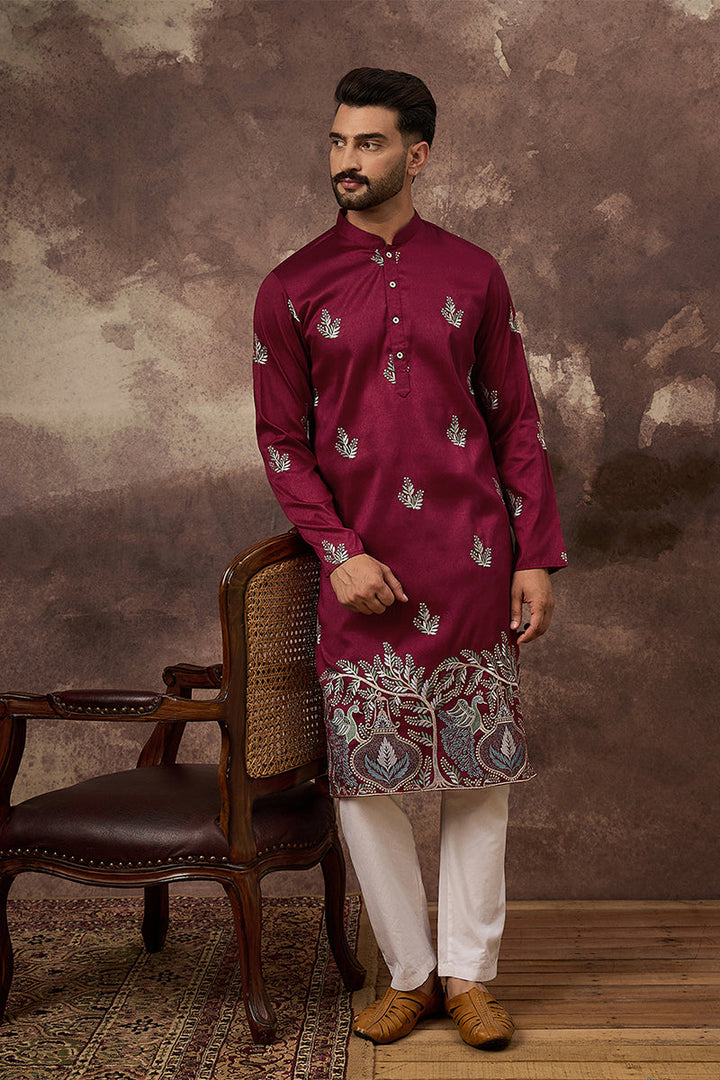 Maroon Silk Blend Solid Embroidered Straight Kurta | SHOBITAM