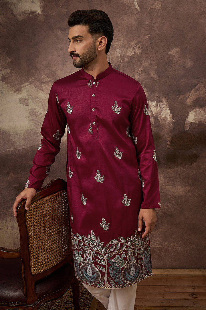 Maroon Silk Blend Solid Embroidered Straight Kurta | SHOBITAM