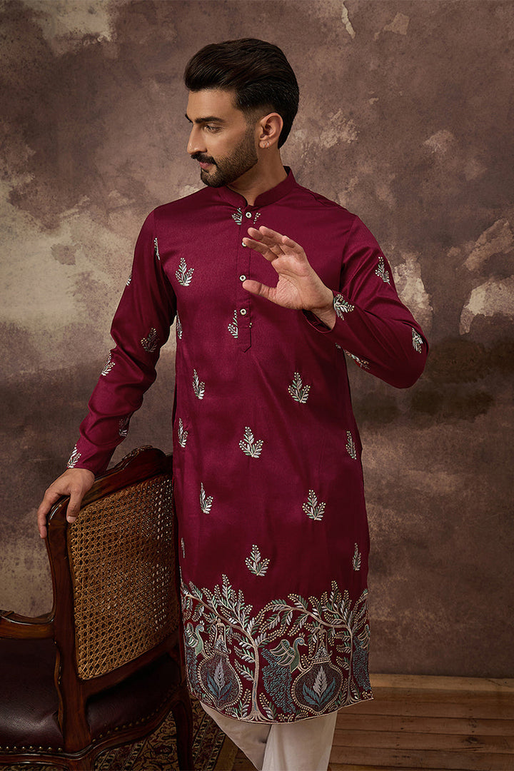Maroon Silk Blend Solid Embroidered Straight Kurta | SHOBITAM