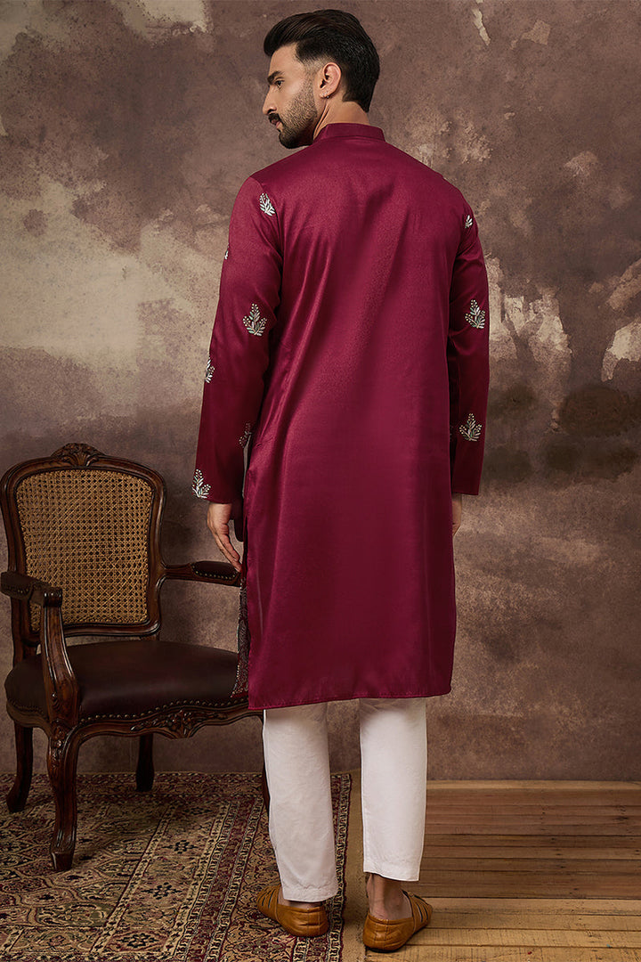 Maroon Silk Blend Solid Embroidered Straight Kurta | SHOBITAM
