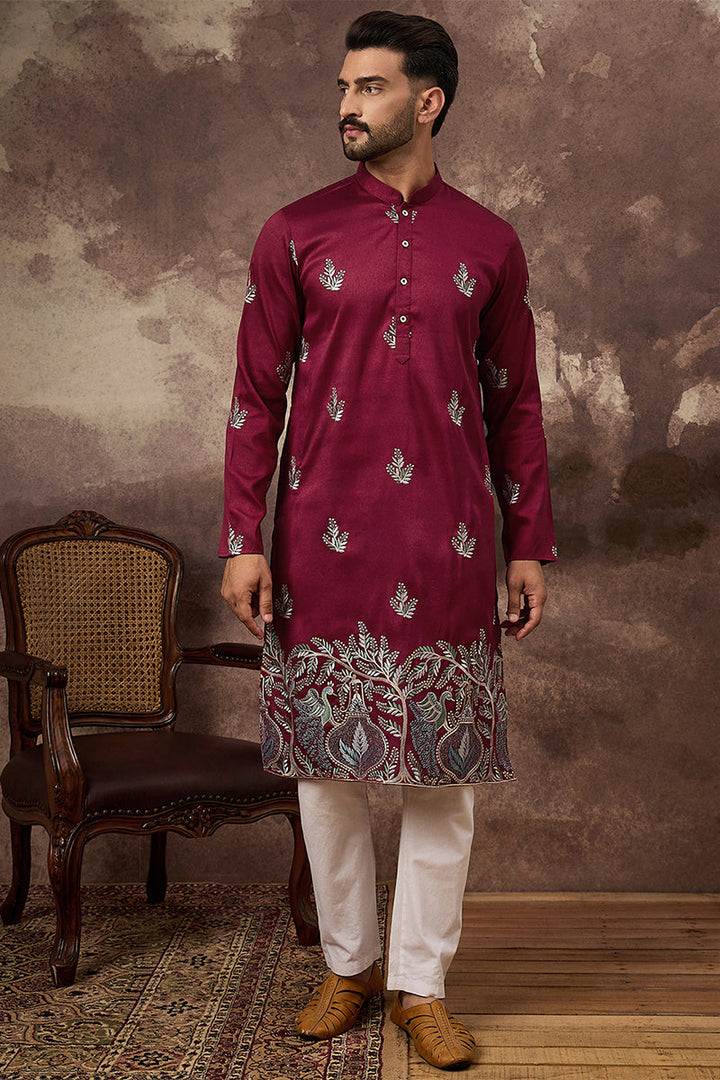 Maroon Silk Blend Solid Embroidered Straight Kurta | SHOBITAM