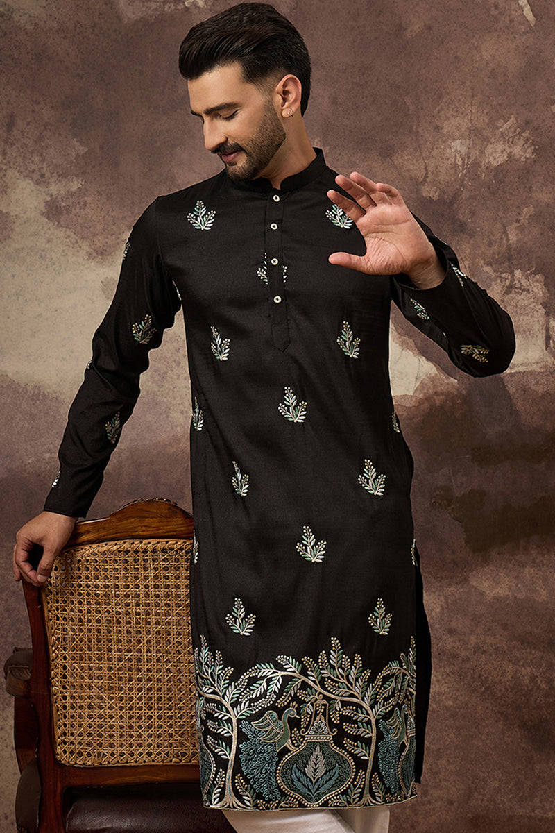 Black Silk Blend Solid Embroidered Straight Kurta | SHOBITAM
