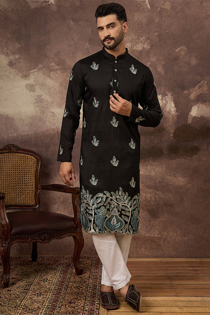 Black Silk Blend Solid Embroidered Straight Kurta | SHOBITAM
