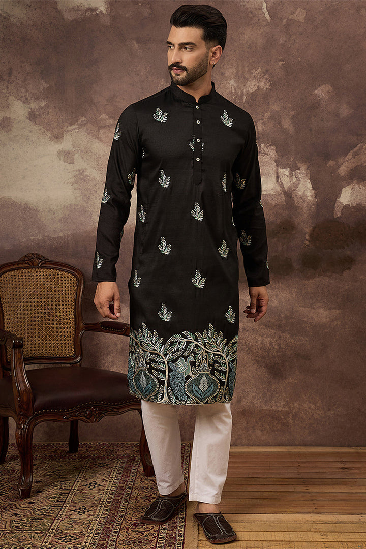Black Silk Blend Solid Embroidered Straight Kurta | SHOBITAM