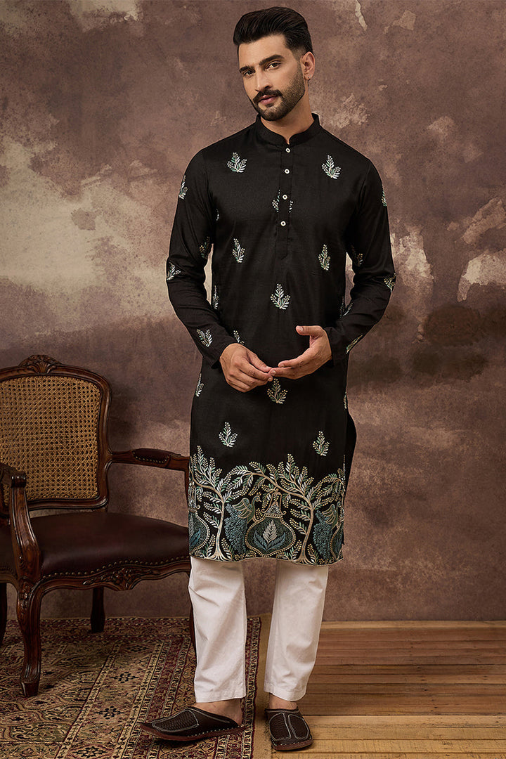 Black Silk Blend Solid Embroidered Straight Kurta | SHOBITAM