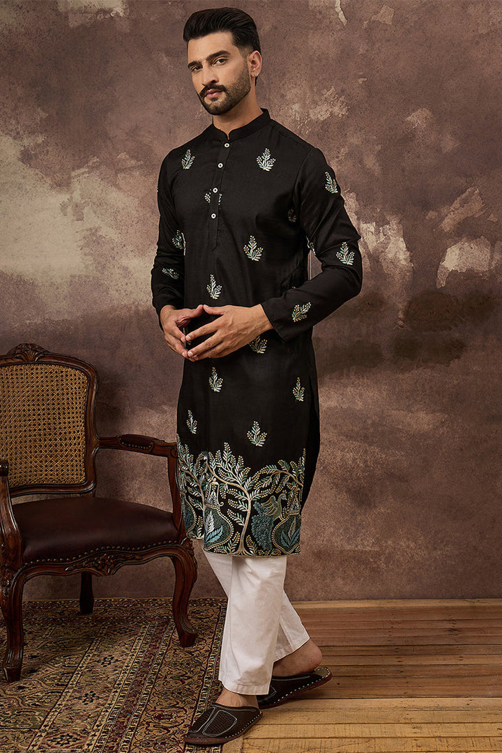 Black Silk Blend Solid Embroidered Straight Kurta | SHOBITAM