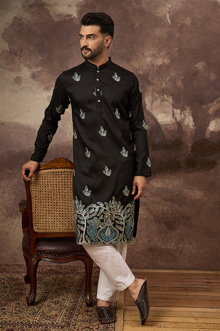 Black Silk Blend Solid Embroidered Straight Kurta | SHOBITAM