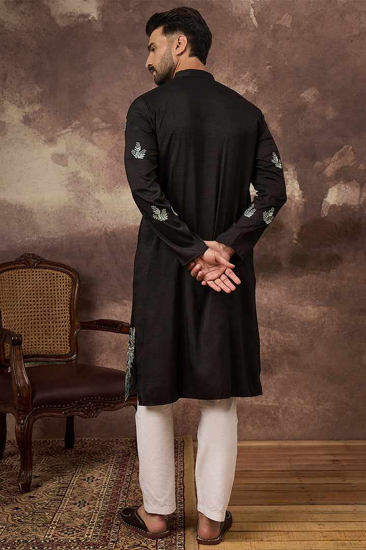Black Silk Blend Solid Embroidered Straight Kurta | SHOBITAM