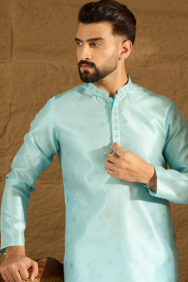 Blue Silk Blend Solid Woven Design Straight Kurta For Men | SHOBITAM