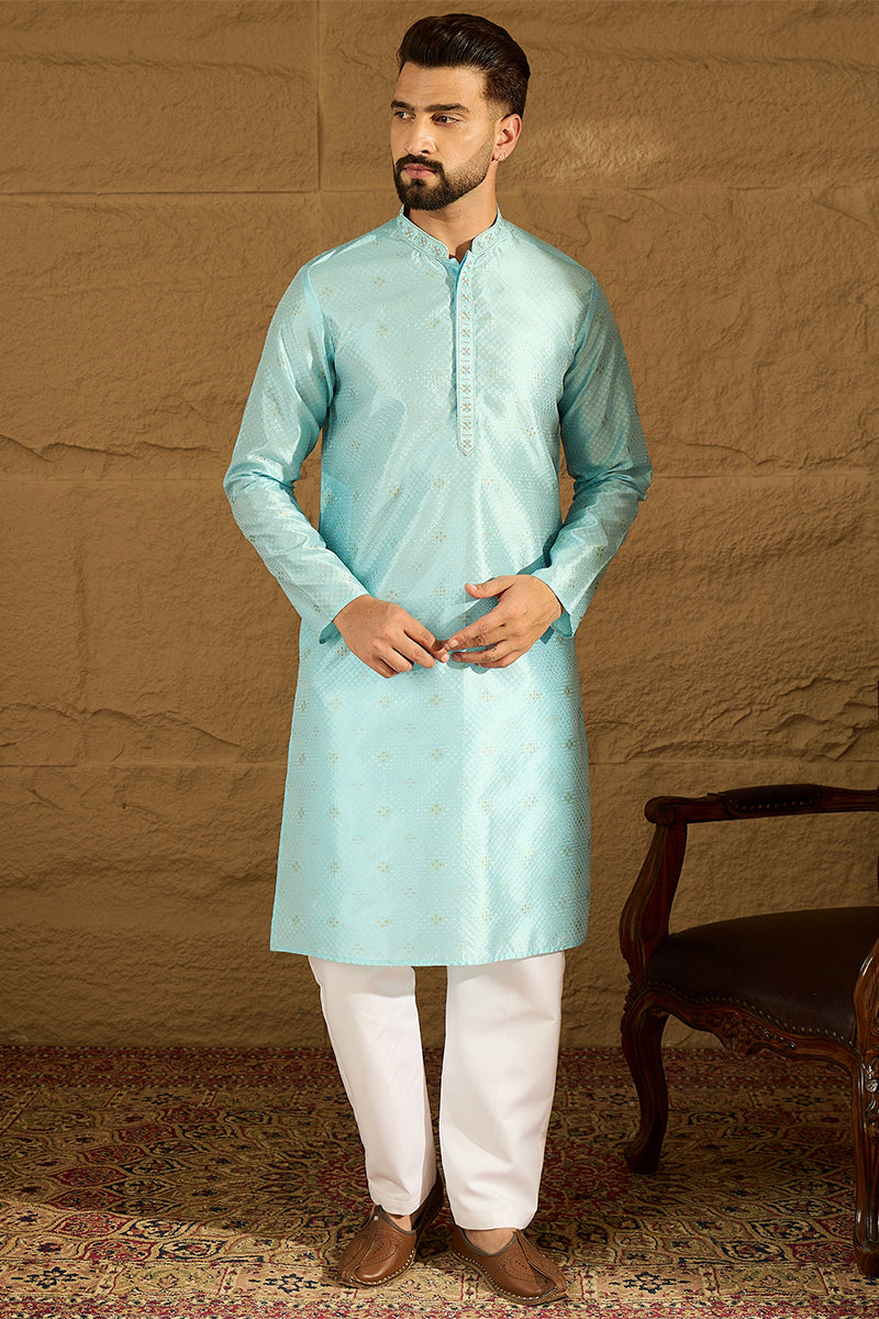 Blue Silk Blend Solid Woven Design Straight Kurta For Men | SHOBITAM