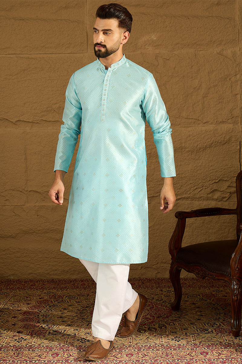 Blue Silk Blend Solid Woven Design Straight Kurta For Men | SHOBITAM