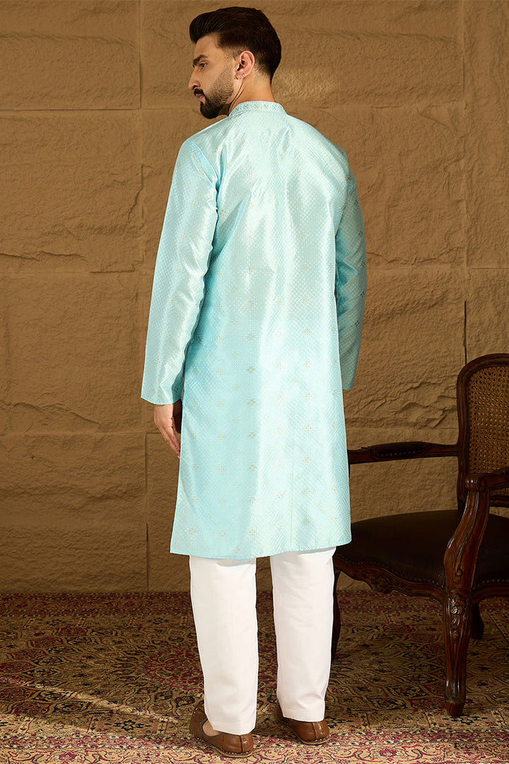 Blue Silk Blend Solid Woven Design Straight Kurta For Men | SHOBITAM